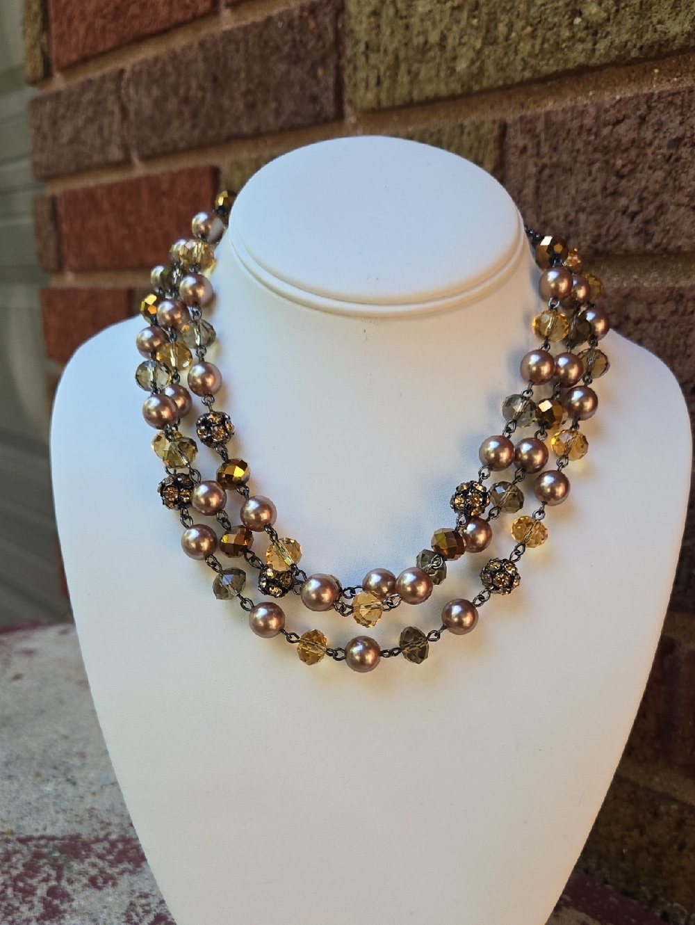 Monet Fuax Pearl and Gold Crystal Multi-Strand Necklace Vintage Style